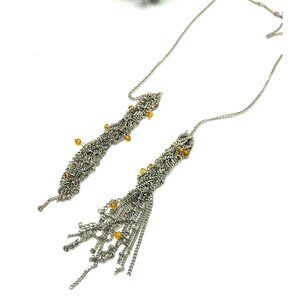 Vintage Style Long Silver Chain Necklace With Orange Bead Accents And Tassel Pen